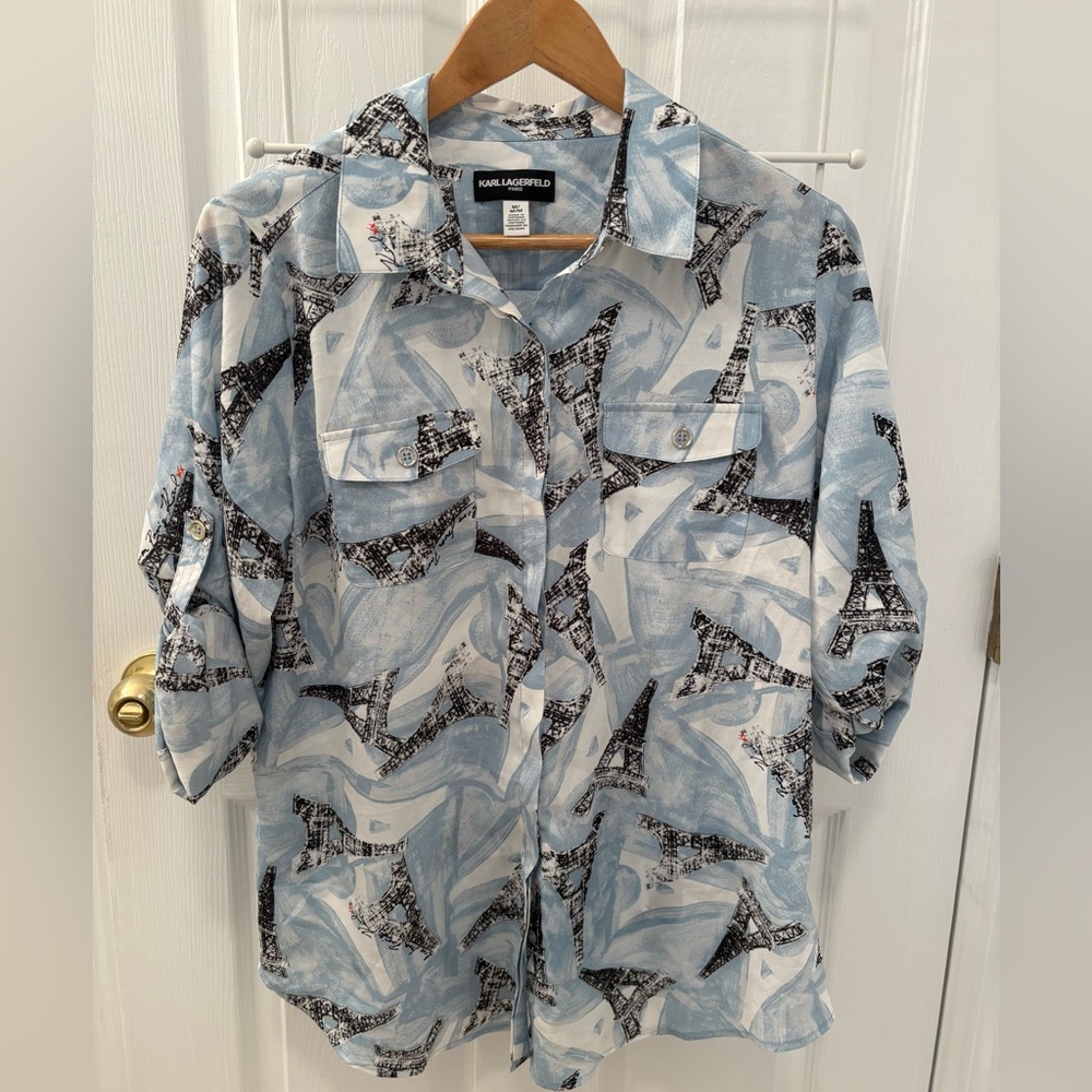Women's Karl Lagerfeld Light Blue Eiffel Tower Blouse. Size Medium